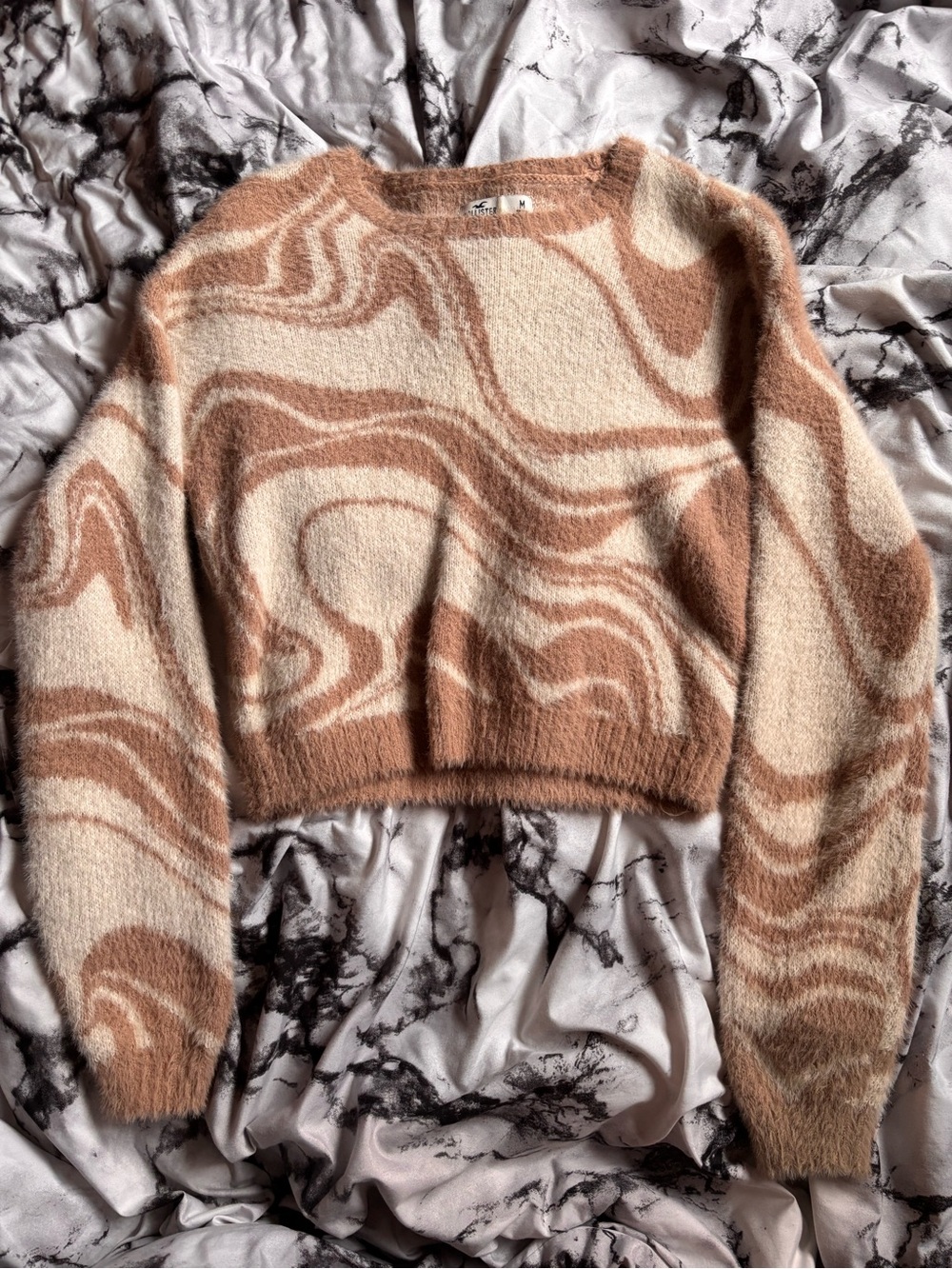 Hollister Cream & Brown Swirl Fuzzy Crewneck Sweater